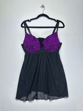 Delta Burke Babydoll Nightgown Black Sheer Chemise Zebra Print 2X